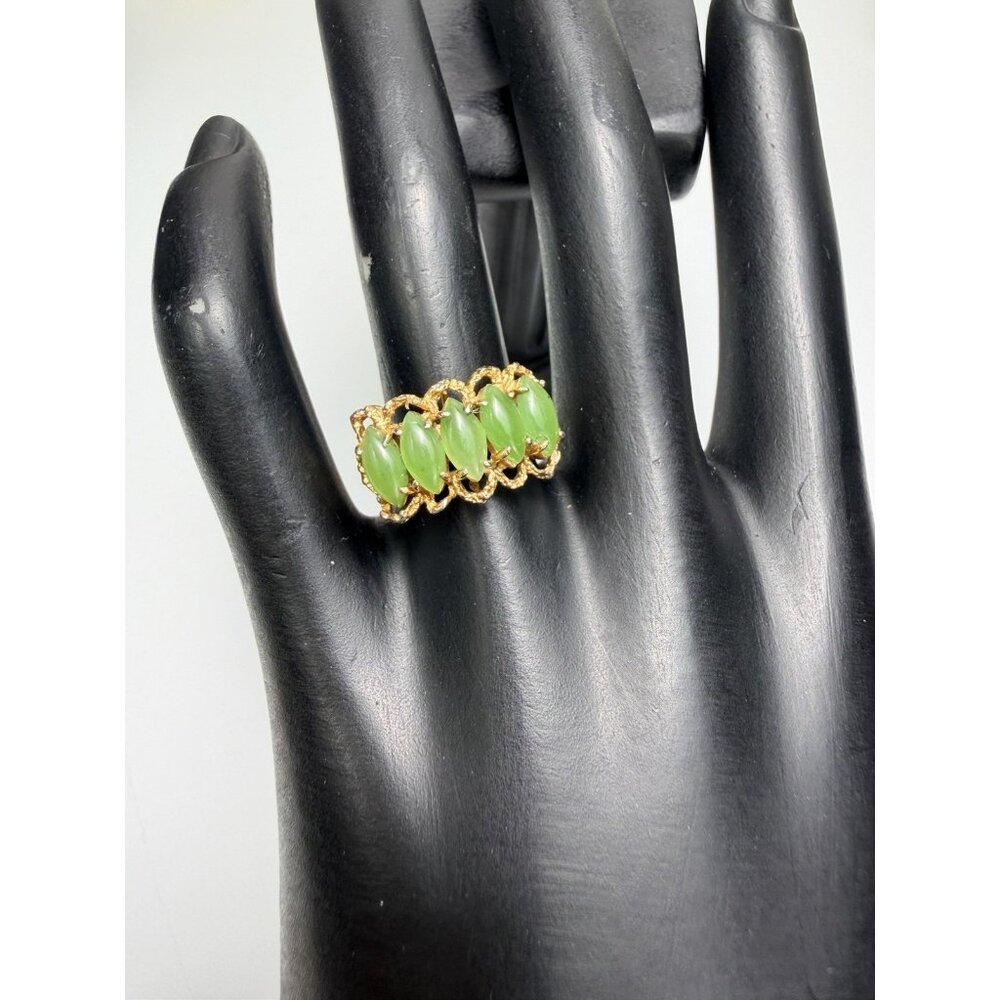 Vtg gold tone nugget setting 5 Jade Color Marquis Stone Costume Ring Size 7